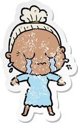 distressed sticker of a cartoon crying old lady