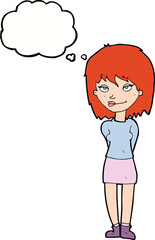 cartoon happy woman with thought bubble