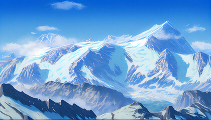 A stunning illustration of towering mountain peaks covered in a thick blanket of snow, with a bright blue sky and crisp white clouds in the background, generative ai