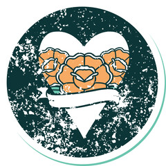 distressed sticker tattoo style icon of a heart and banner with flowers