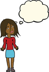 cartoon woman shrugging shoulders with thought bubble
