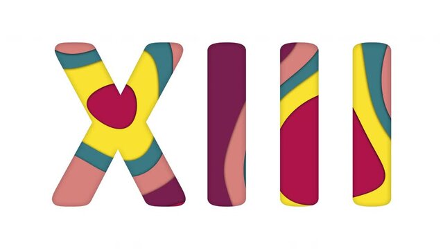 Multi-colored inscription Roman numerals XIII with colored spots floating inside. Looped from frame 120 to 839, Alpha BW at the end