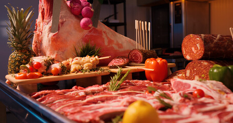 Barbeque chicken sticks ready to be cooked along with diverse meat goods. Decorative layout of meat goods on display.