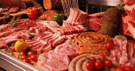 Premium organic meat showcase in butchers kitchen. delicious bio meat cuts and preps on a table. Meat industry concept.
