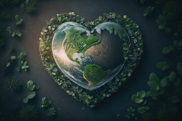 Earth day concept. Heart shape of world with nature abstract background. Generative ai