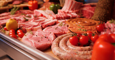 Delicious meat table layout raw steaks and sausages. Premium organic meat to sell in market. Meat...