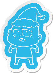 cartoon  sticker of a tired bald man wearing santa hat