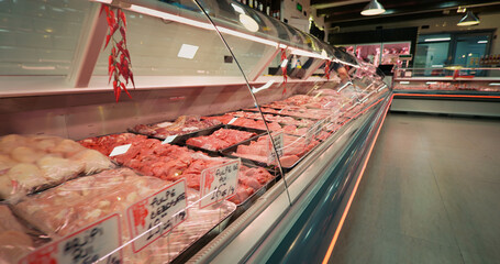 Display window shop of meat selection for sale. Window seen range of fresh meat precuts for grill...