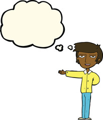 cartoon man gesturing welcome with thought bubble