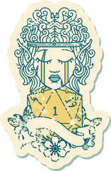 sad elf barbarian character face with natural one D20 roll illustration