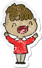 distressed sticker of a cartoon happy boy laughing