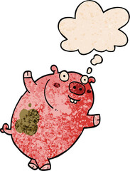 funny cartoon pig and thought bubble in grunge texture pattern style