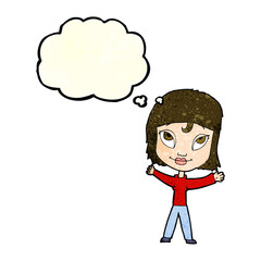 cartoon happy woman waving arms with thought bubble