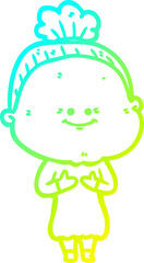 cold gradient line drawing cartoon happy old woman