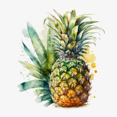Fototapeta premium Watercolor illustration of a pineapple on white background. Generative AI art.