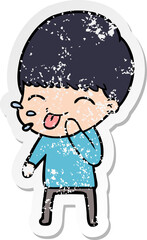 distressed sticker of a happy cartoon boy
