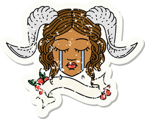 crying tiefling character face with scroll banner illustration