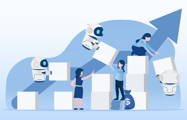Humans and robots work together to build a box to the top. It is more common in industries such as manufacturing, construction and logistics. Flat vector illustration.