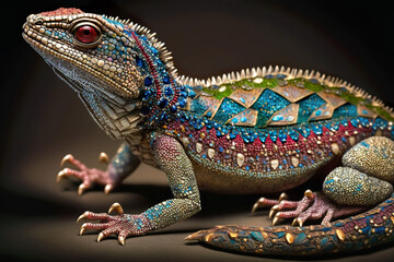 The entire figure of the desert lizard covered with rubies, emeralds, diamonds and pearls. Ornate celebratory clothing against a dark background. Unreal representation. AI generated illustration.
