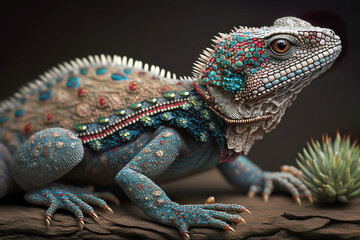 The entire figure of the desert lizard covered with rubies, emeralds, diamonds and pearls. Ornate celebratory clothing against a dark background. Unreal representation. AI generated illustration.