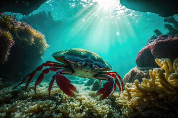 Underwater closeup picture of the mangrove ( rainbow ) crab and sunlight in the ocean coral reef (ai generated)