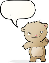 cartoon waving teddy bear with speech bubble