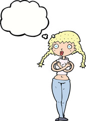 cartoon offended woman covering herself with thought bubble