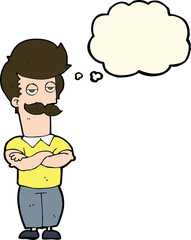 cartoon mustache muscle man with thought bubble