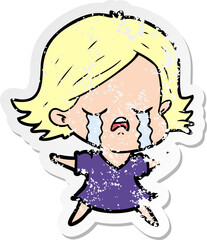distressed sticker of a cartoon girl crying