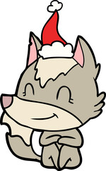 friendly line drawing of a wolf wearing santa hat