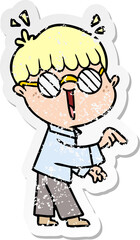 distressed sticker of a cartoon boy wearing spectacles
