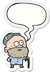 old cartoon man and walking stick and flat cap and speech bubble sticker