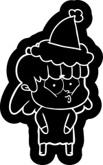 cartoon icon of a whistling girl wearing santa hat