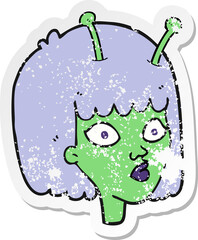 retro distressed sticker of a cartoon female alien