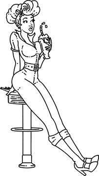 black line tattoo of a pinup girl drinking a milkshake