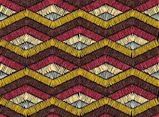 Seamless geometric pattern. Imitation embroidery. Grunge fabric texture. Bohemian print for home textiles. Vector illustration. - 580712803