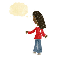 cartoon woman with open arms with thought bubble