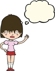 cartoon waving woman with thought bubble