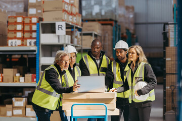 Warehouse staff watching a laptop screen during a meeting