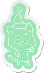 cartoon  sticker of a nervous cat wearing santa hat