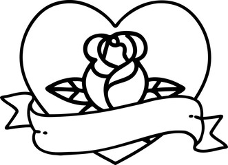 black line tattoo of a heart rose and banner