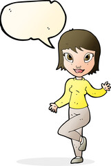 cartoon pretty woman waving with speech bubble