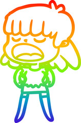 rainbow gradient line drawing cartoon woman talking loudly