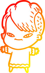 warm gradient line drawing cute cartoon girl with hipster haircut