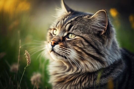After eating, a beautiful, striped, gray, fluffy, homeless, thoroughbred cat sits in nature and licks his lips. Close up photograph of an animal. Generative AI