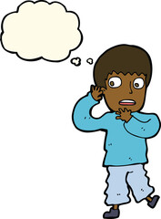 cartoon frightened boy with thought bubble