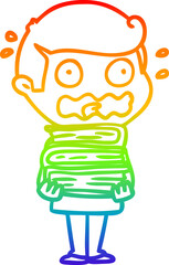rainbow gradient line drawing cartoon man with books totally stressed out