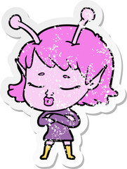 distressed sticker of a cute alien girl cartoon