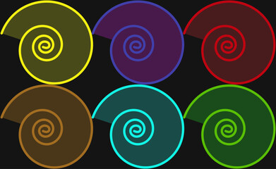 Six multi colored spirals on a dark background.