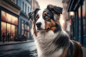 Portrait of a small American Shepherd dog. The city walk has some cute dogs. Two dogs at once. Generative AI